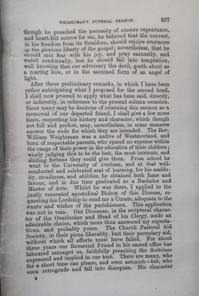 William Weightman funeral sermon page