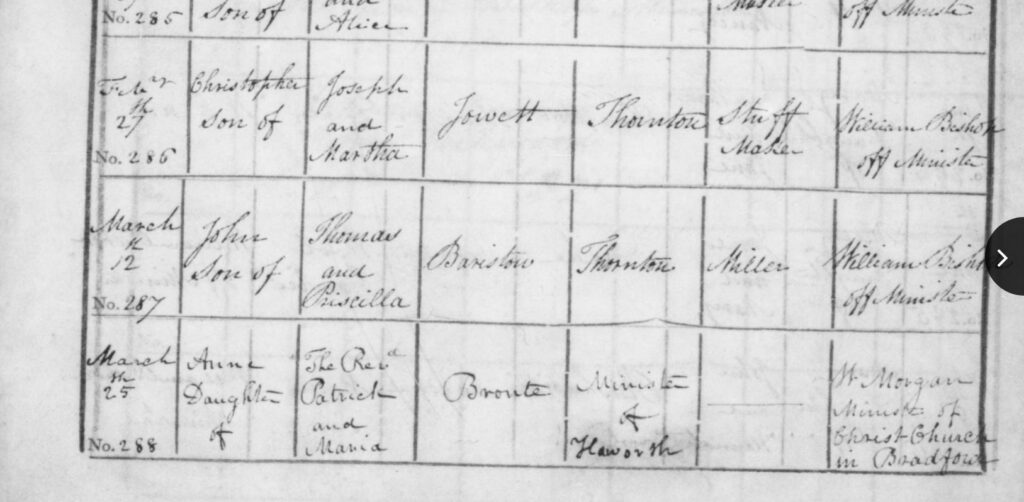 Anne Bronte's baptism record