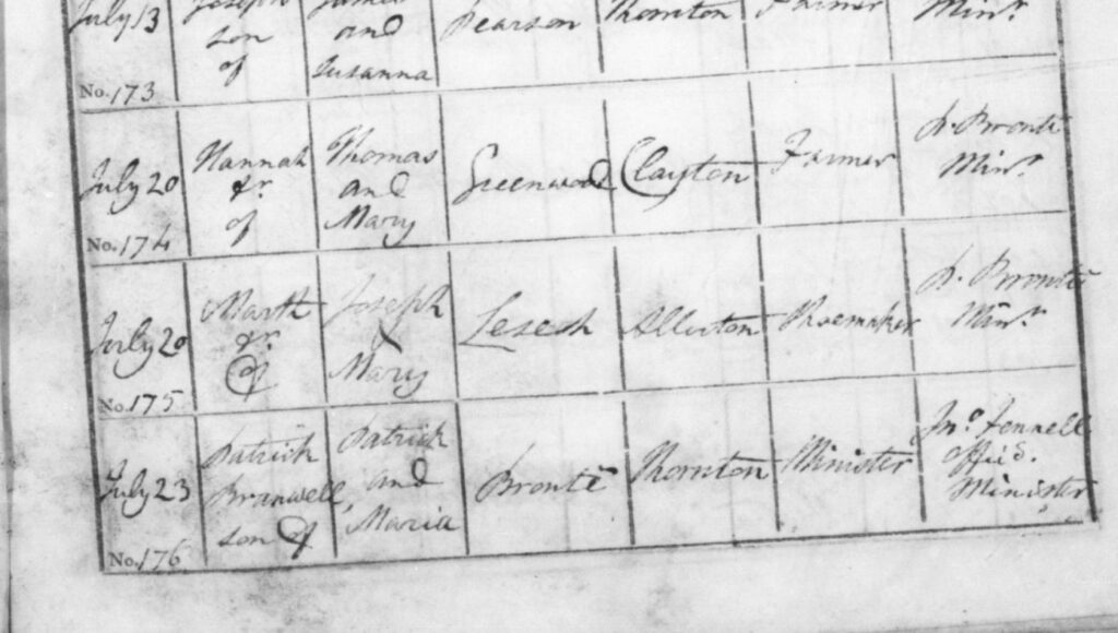 The baptism record of Branwell Bronte