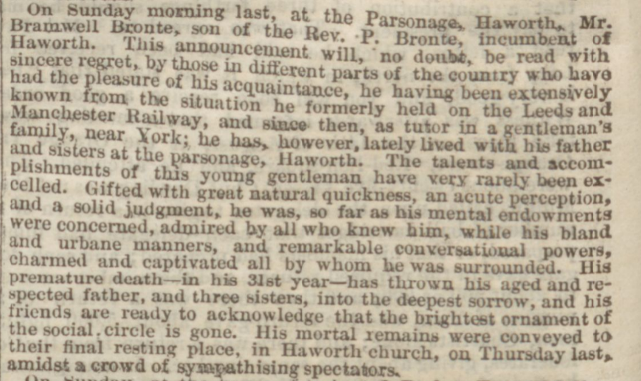 Branwell Bronte obituary Leeds Times 30 09 1848
